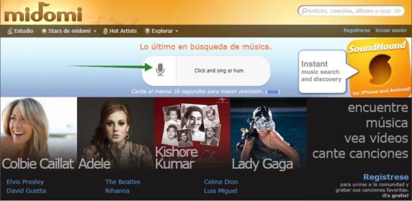 Interfaz web midomi para reconocer musica online